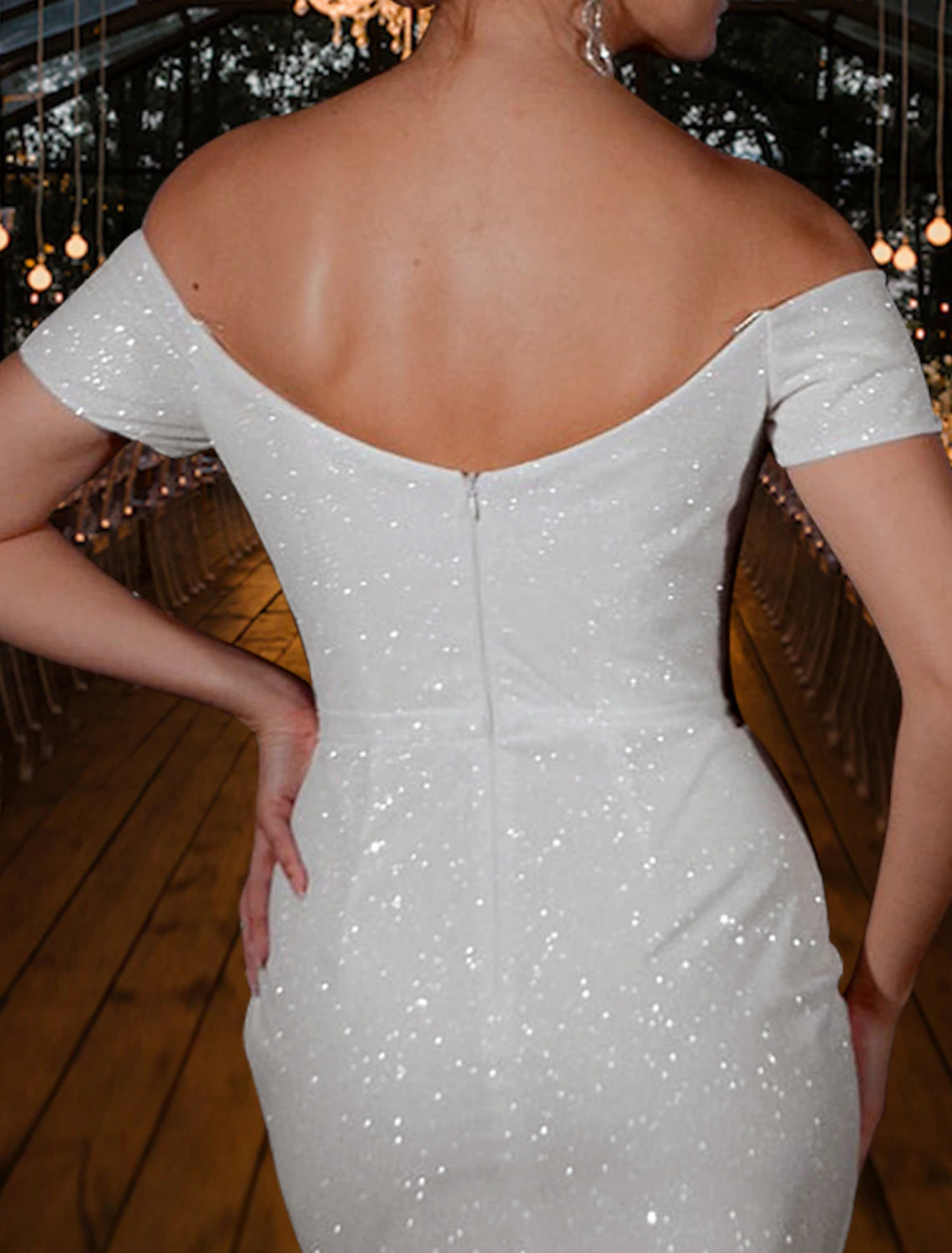 Sparkling Sheath Off-Shoulder Cap Sleeve Sequined Ruched White Tea-Length Bridal Gown.