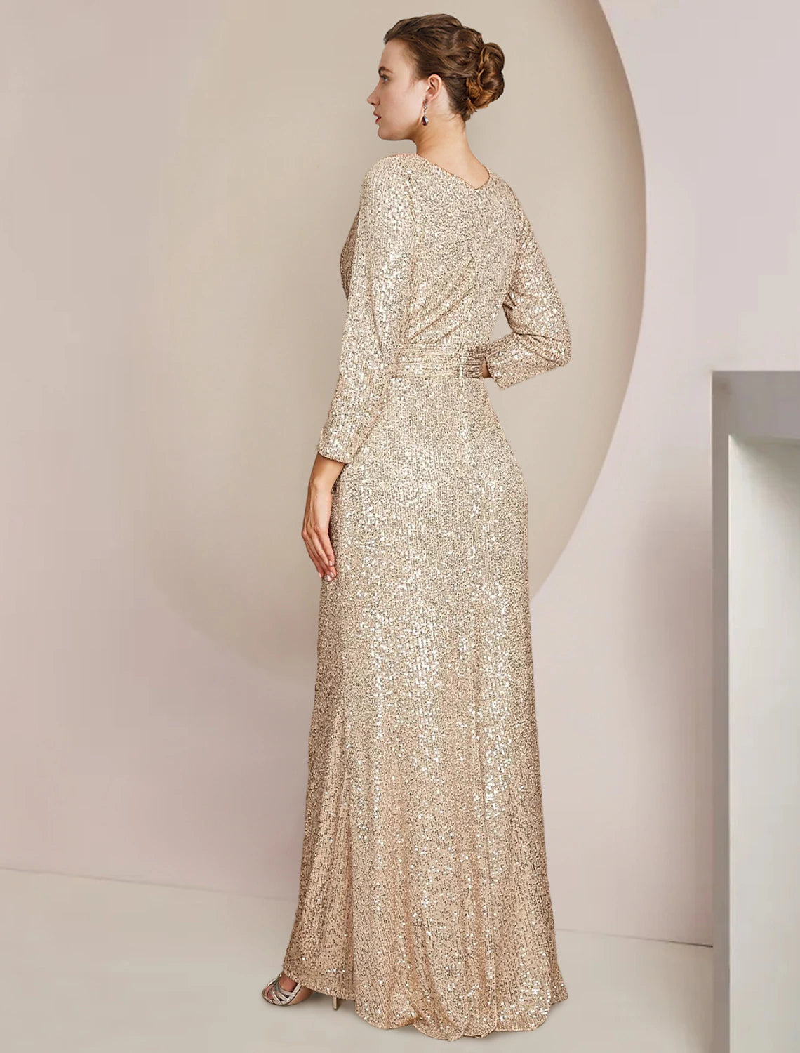 Sparkling Sheath V-Neck 3/4 Sleeve Sequined Split Floor-Length Gown.