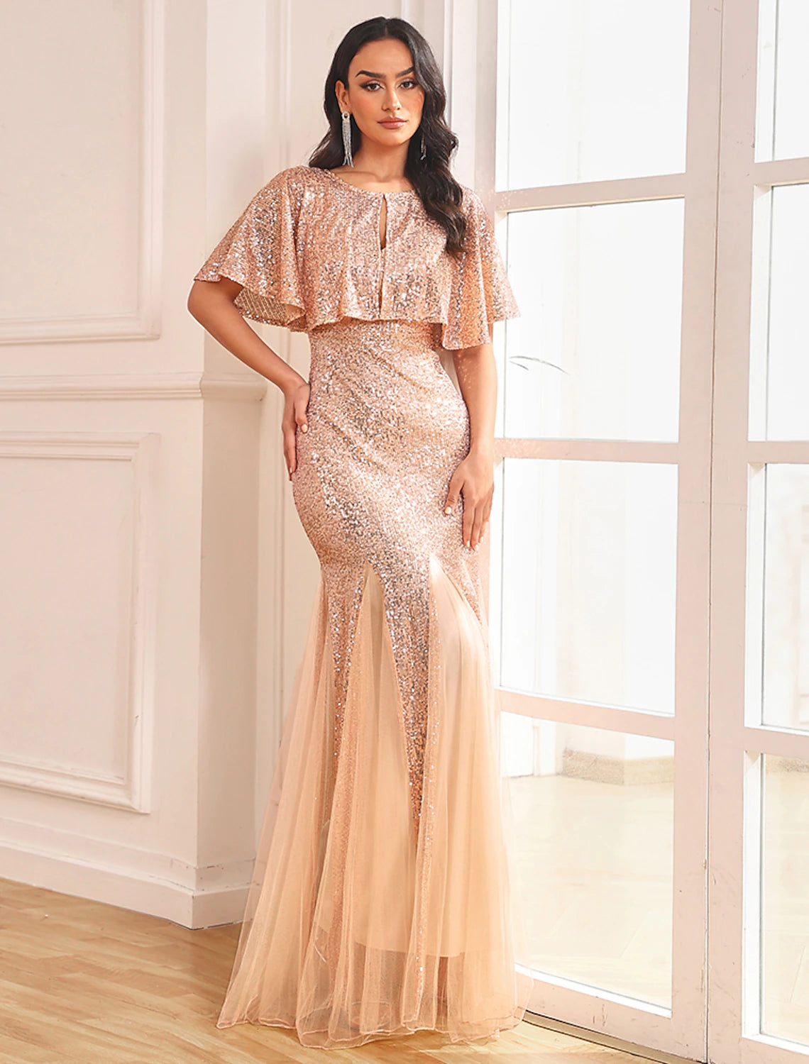 Sparkling Two-Piece Mermaid V-Neck Sleeveless Sequin Tulle Floor-Length Party Dress.