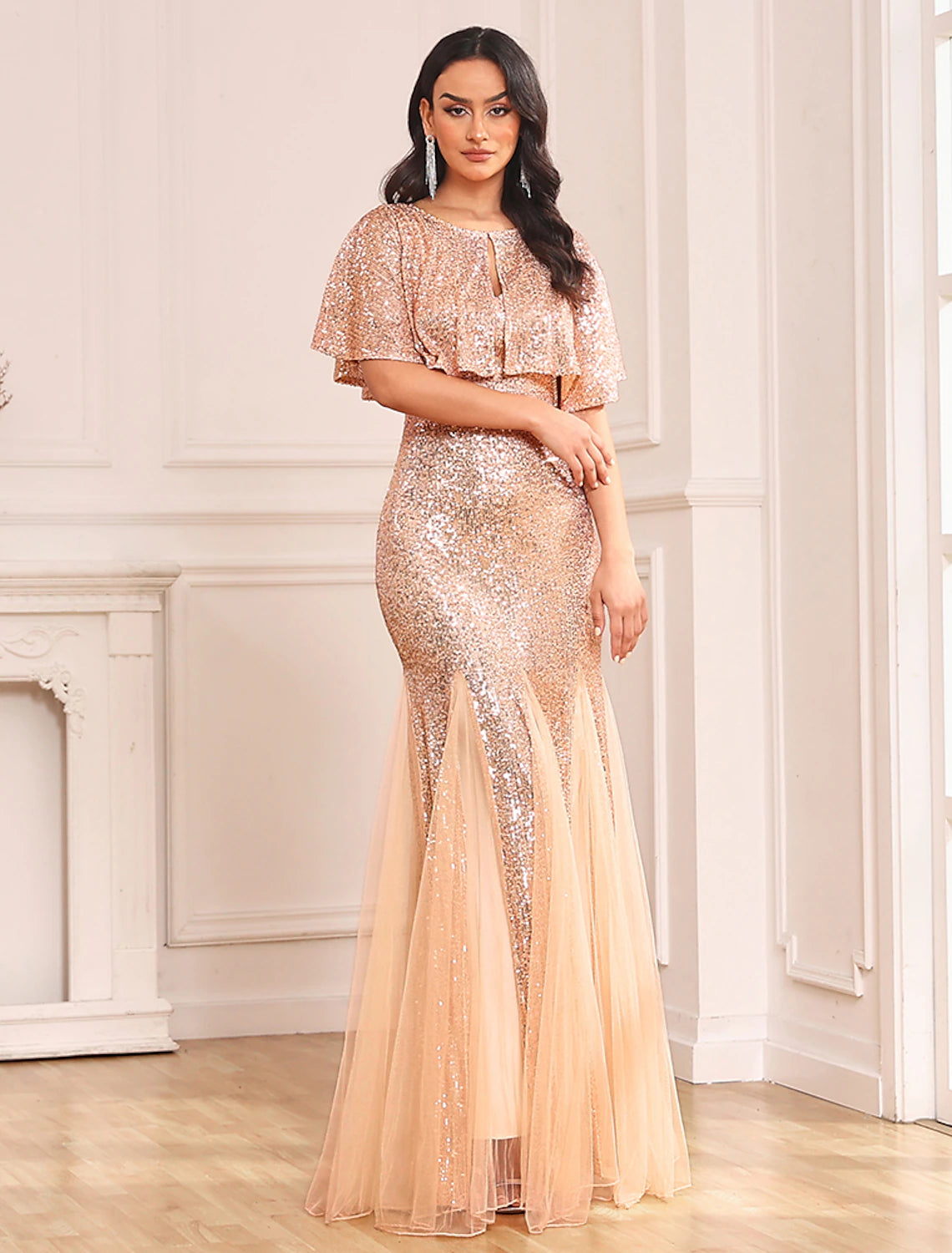 Sparkling Two-Piece Mermaid V-Neck Sleeveless Sequin Tulle Floor-Length Party Dress.