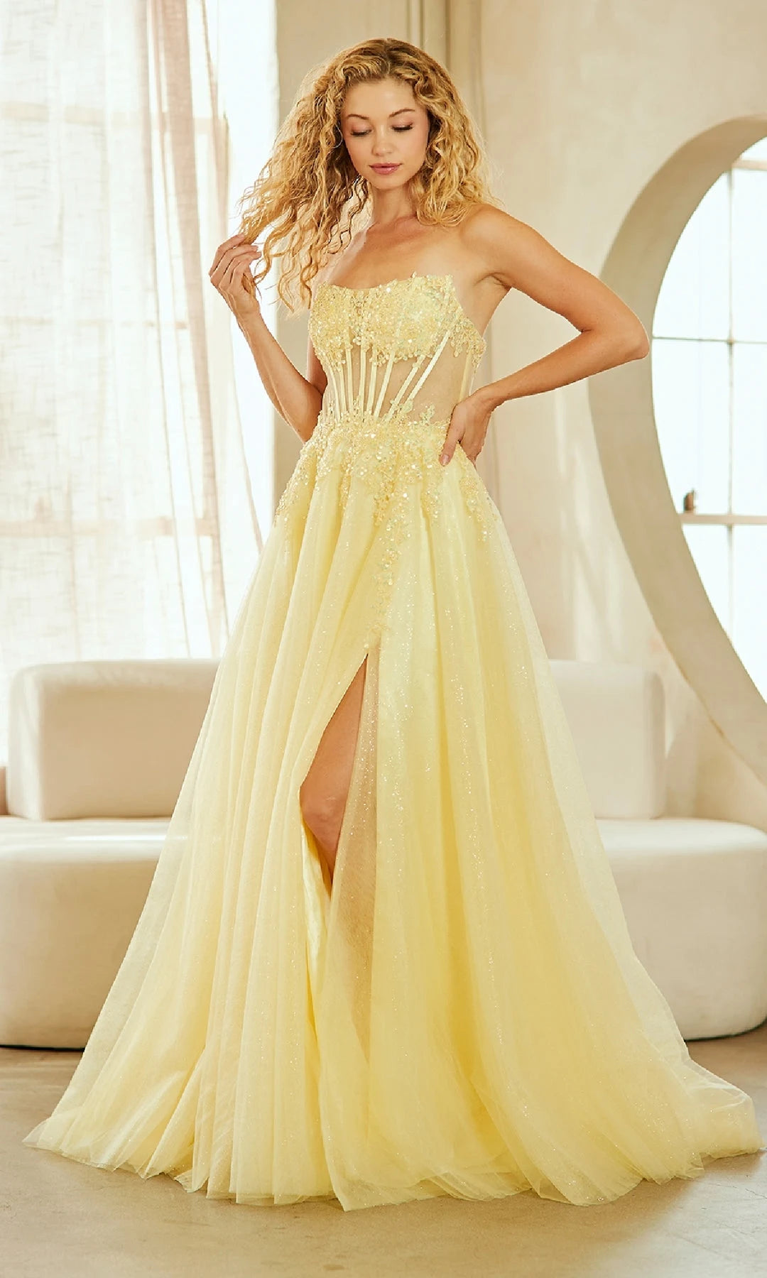 Sparkling A-Line Strapless Corset High Slit Yellow Floor-Length Prom Dress