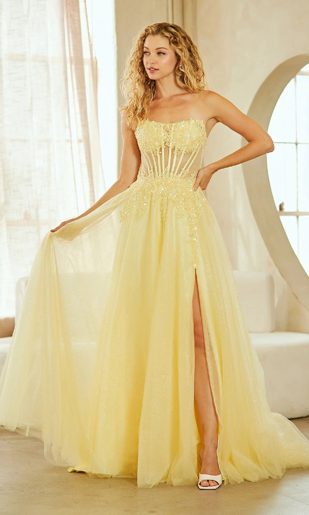 Sparkling A-Line Strapless Corset High Slit Yellow Floor-Length Prom Dress