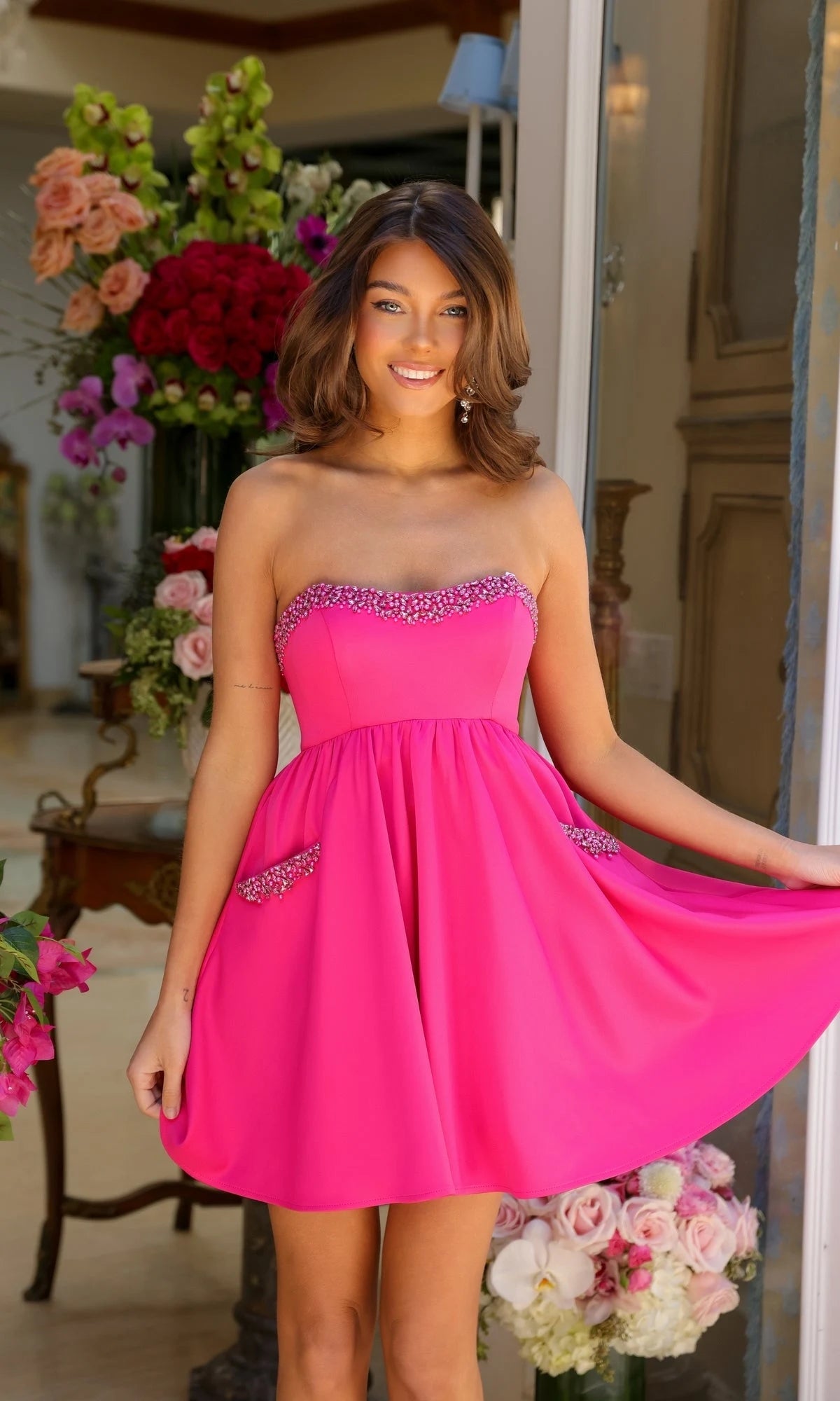Sparkling A-Line Strapless Sweetheart Beaded Hot Pink Short Homecoming Dress Women's