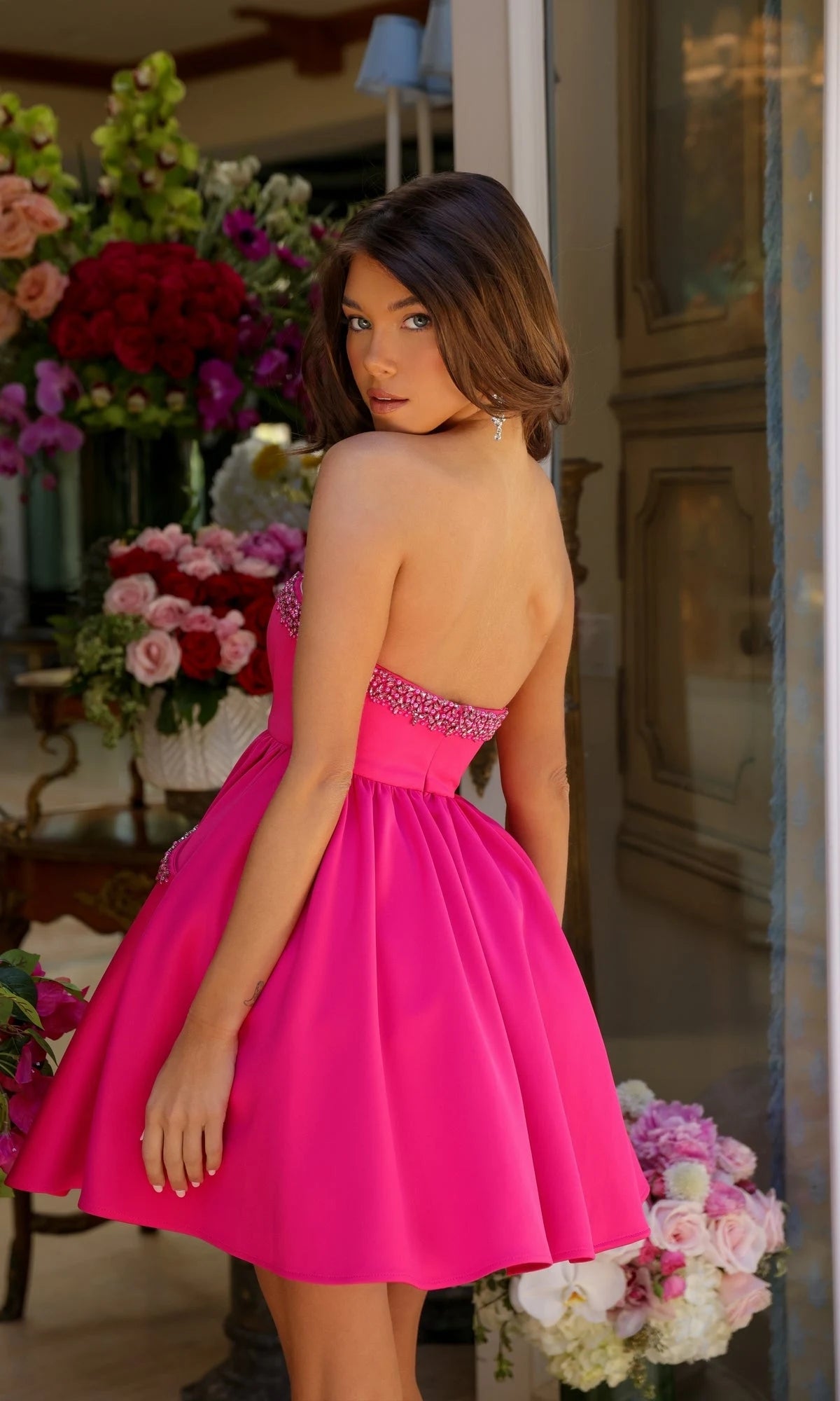 Sparkling A-Line Strapless Sweetheart Beaded Hot Pink Short Homecoming Dress Women's