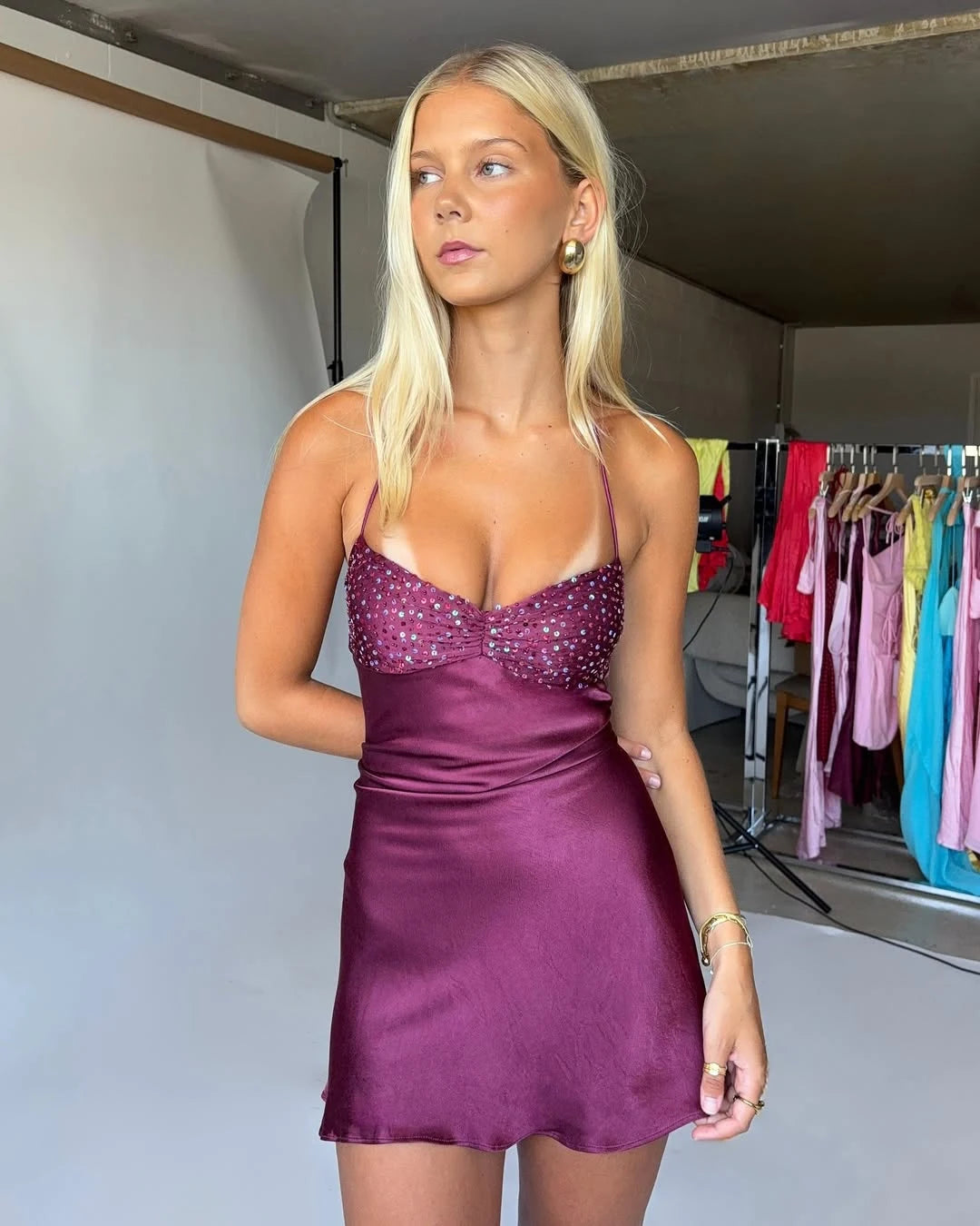 Sparkling A-Line Sweetheart Halter Sequin Open Back Plum Mini Homecoming Dress