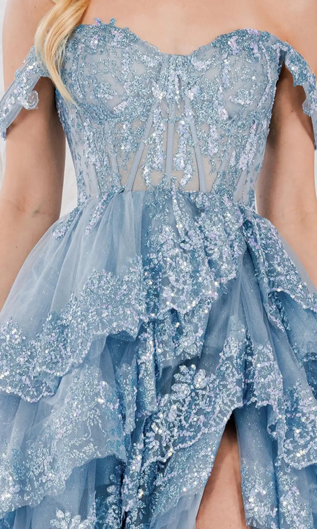 Sparkling A-Line Sweetheart Off-Shoulder Tiered Ruffle Dusty Blue High-Low Prom Gown