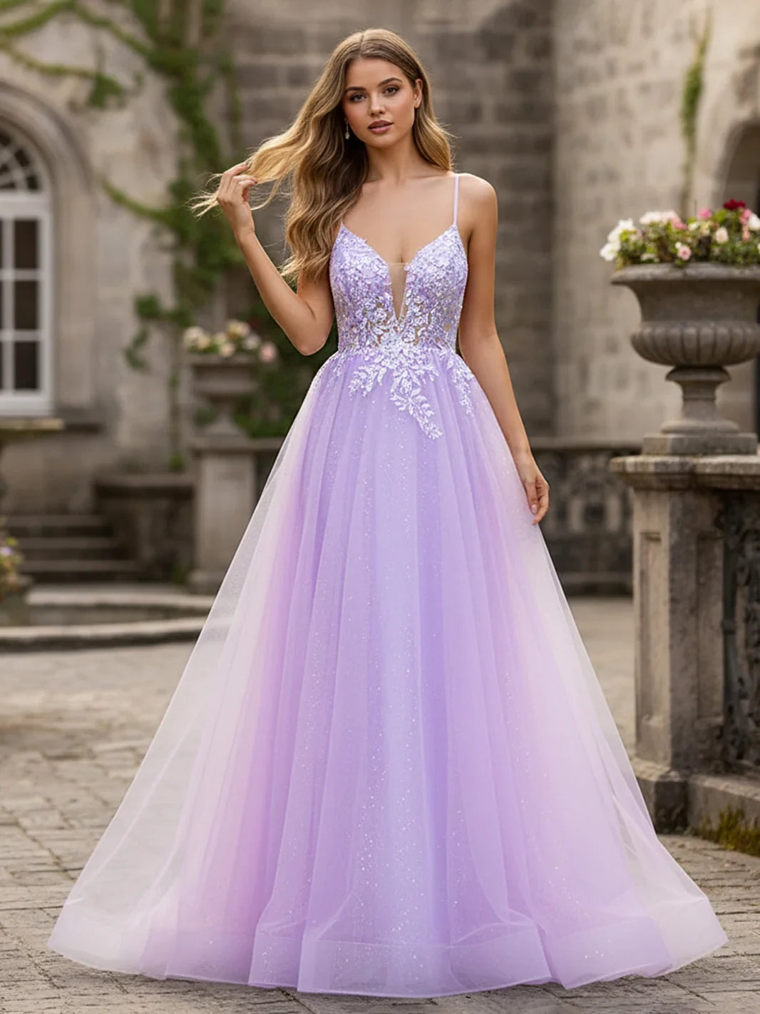 Sparkling A-Line V-Neck Sleeveless Lace Lavender Floor-Length Prom Gown