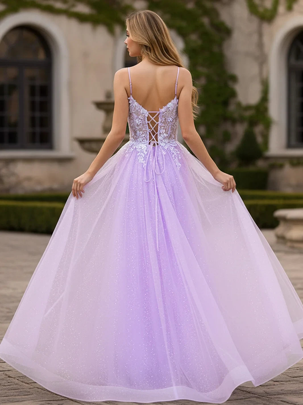 Sparkling A-Line V-Neck Sleeveless Lace Lavender Floor-Length Prom Gown