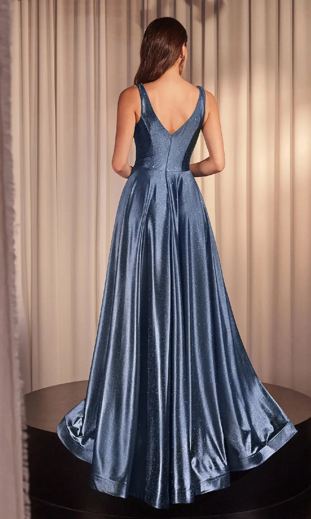 Sparkling A-Line V-Neck Sleeveless Ruched Dusty Blue Floor-Length Prom Dress