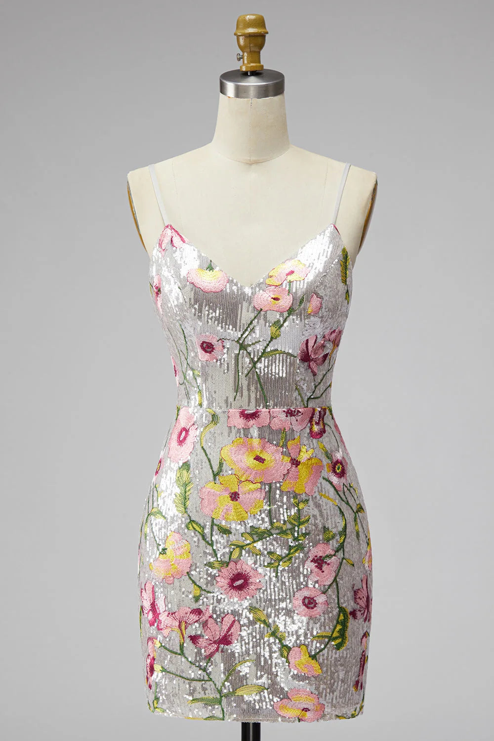 Sparkling Sheath V-Neck Sleeveless Floral Sequin White Mini Homecoming Dress