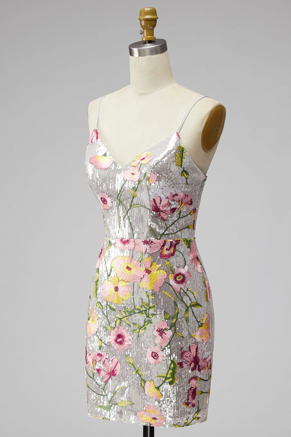 Sparkling Sheath V-Neck Sleeveless Floral Sequin White Mini Homecoming Dress