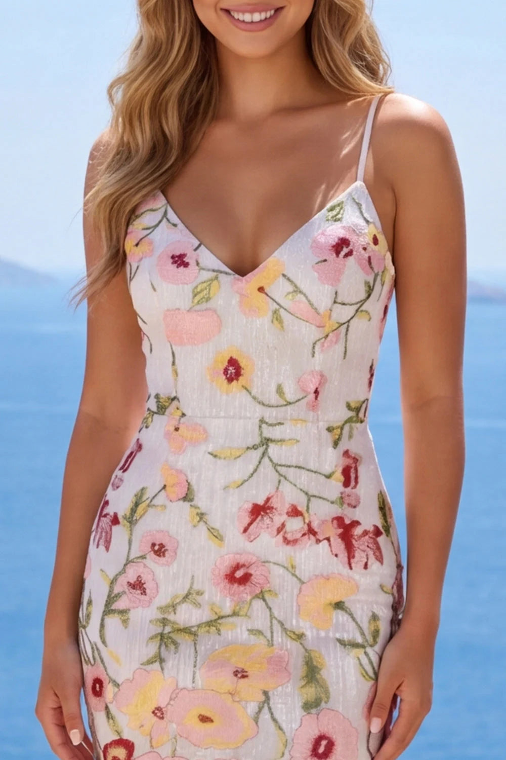 Sparkling Sheath V-Neck Sleeveless Floral Sequin White Mini Homecoming Dress
