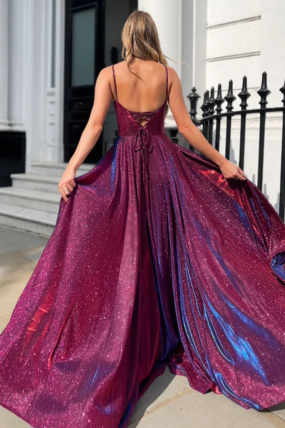 Sparkly A-Line Square Neck Spaghetti-Strap Open Back Lace-Up High-Slit Glitter Evening Dress