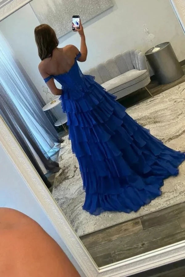 Sparkly Ball Gown Sweetheart Neck Off-the-Shoulder Corset Back Tiered Chiffon Prom Dress