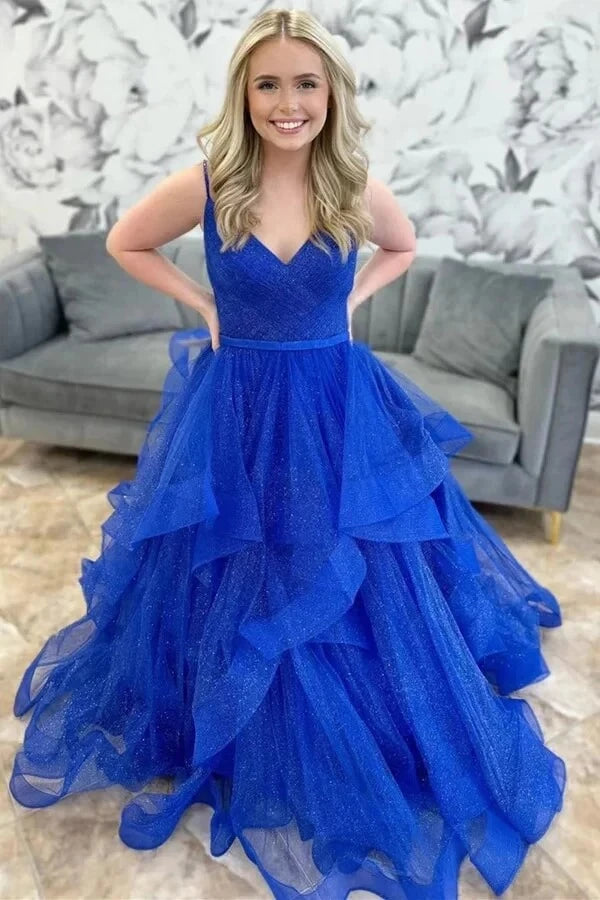 Sparkly Ball Gown V-Neck Spaghetti-Strap Open Back Tiered Glitter-Tulle Maxi Evening Dress