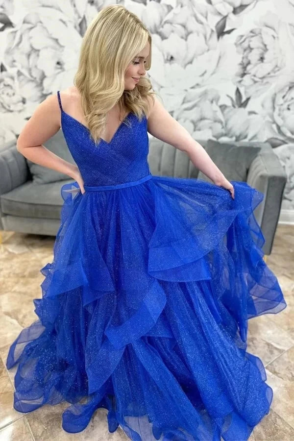 Sparkly Ball Gown V-Neck Spaghetti-Strap Open Back Tiered Glitter-Tulle Maxi Evening Dress