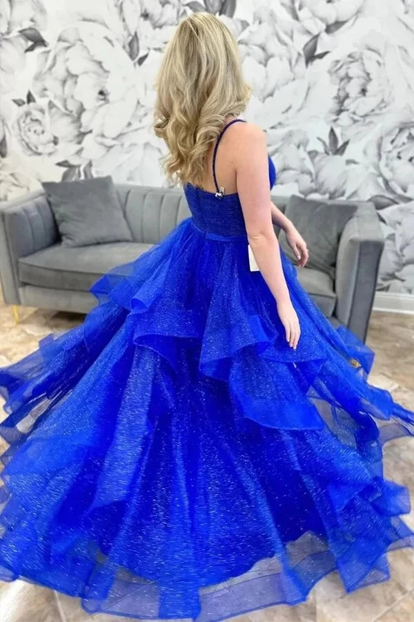Sparkly Ball Gown V-Neck Spaghetti-Strap Open Back Tiered Glitter-Tulle Maxi Evening Dress