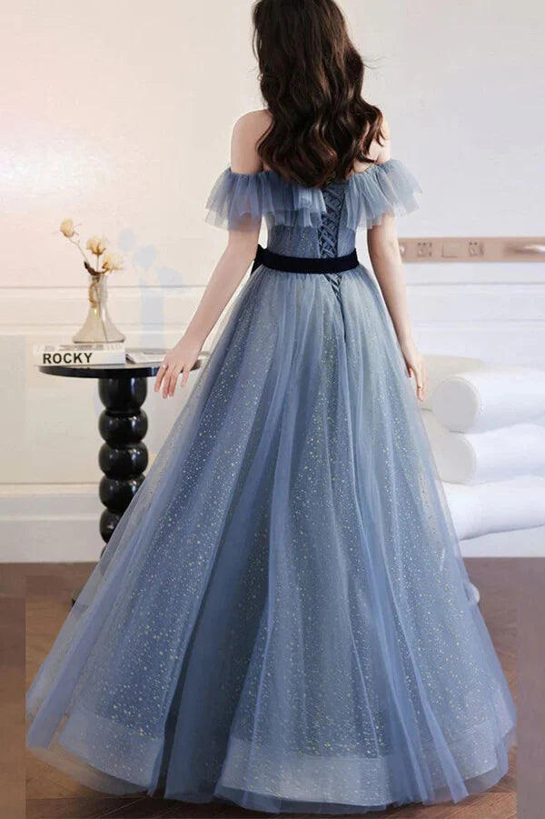 Wholesa A-line Off-the-Shoulder Sparkly Tulle Prom Dresses