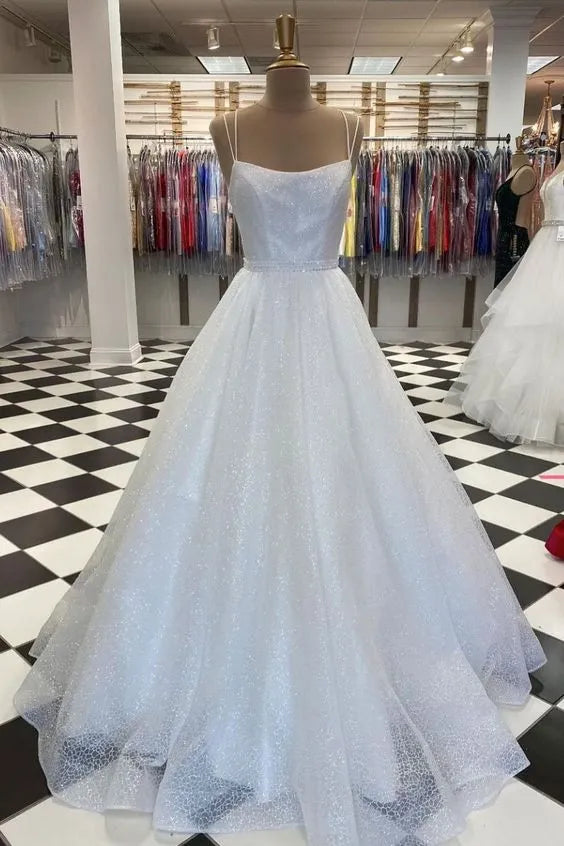 Sparkly A‑Line Scoop‑Neck Spaghetti‑Strap Floor‑Length Prom Dress