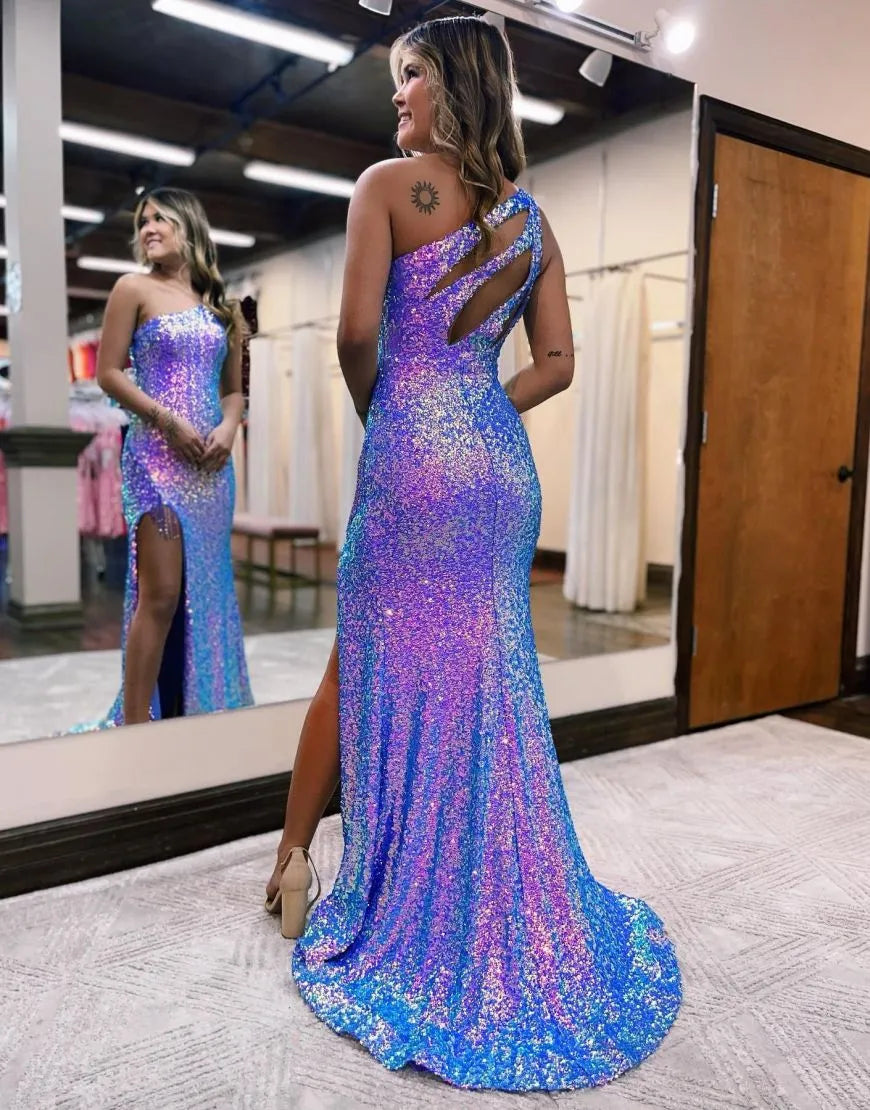 Wholesa Glitter One Shoulder Sequin Prom Dress With Split