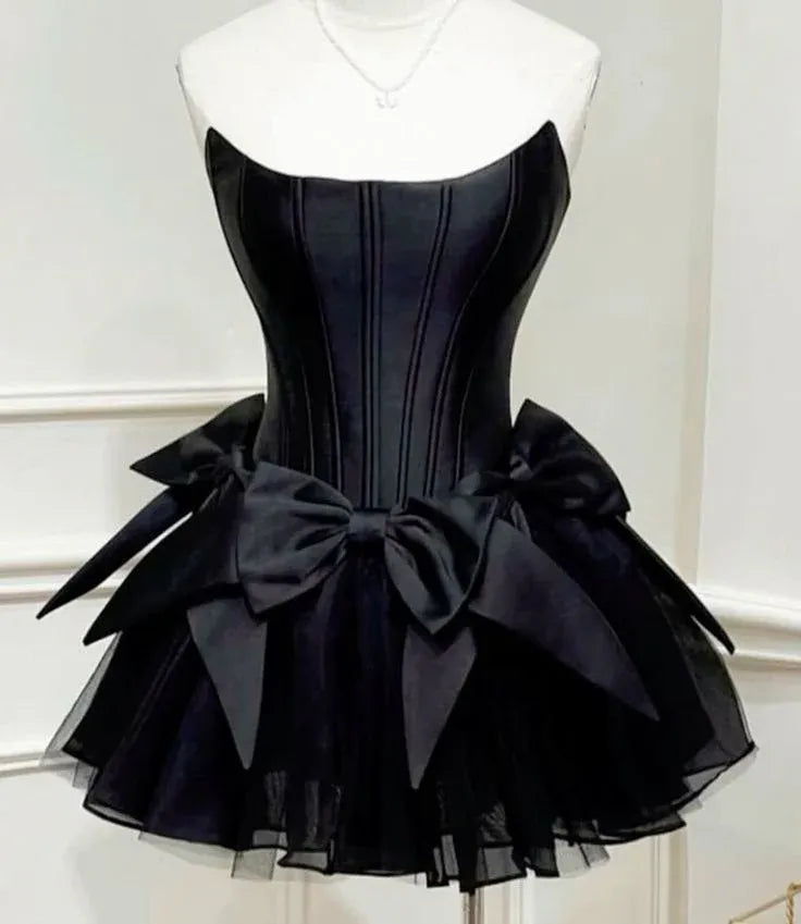 Strapless Boned Corset Triple Big Bow Layer Tulle Black Mini Homecoming Dress