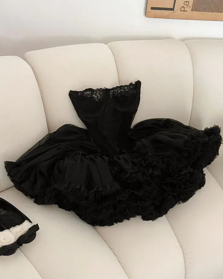 Strapless Lace Trim Corset Voluminous Ruffle Tulle Mini Homecoming Dress