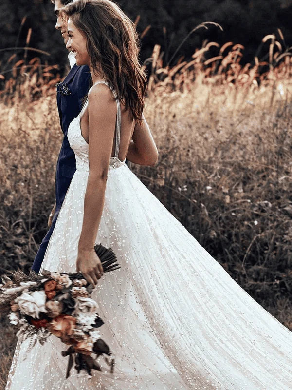 Wholesa A-line Lace Simple Rustic Backless Straps Long Train Wedding Dress