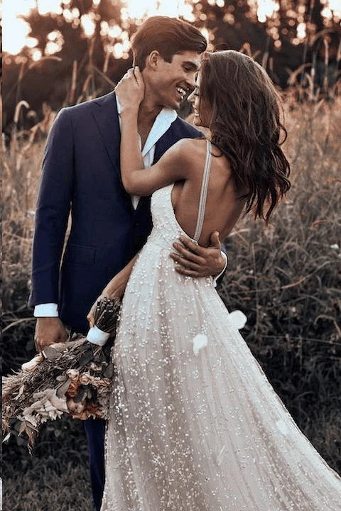Wholesa A-line Lace Simple Rustic Backless Straps Long Train Wedding Dress