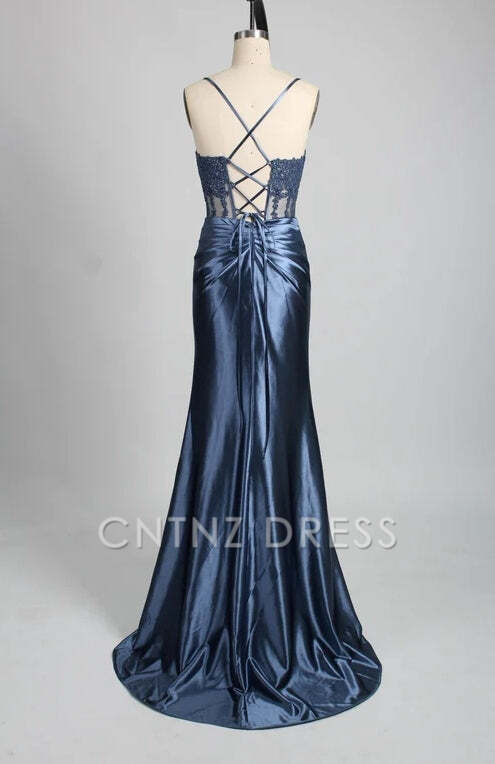 CNTNZ DRESS Mermaid Spaghetti Strap Appliques Satin Pleated With Slit Backless Elegant Hot Sale Prom Dress