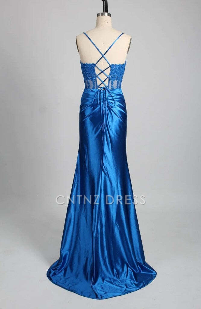 CNTNZ DRESS Mermaid Spaghetti Strap Appliques Satin Pleated With Slit Backless Elegant Hot Sale Prom Dress