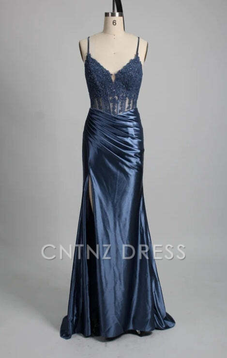 CNTNZ DRESS Mermaid Spaghetti Strap Appliques Satin Pleated With Slit Backless Elegant Hot Sale Prom Dress