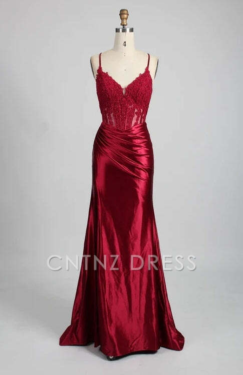 CNTNZ DRESS Mermaid Spaghetti Strap Appliques Satin Pleated With Slit Backless Elegant Hot Sale Prom Dress
