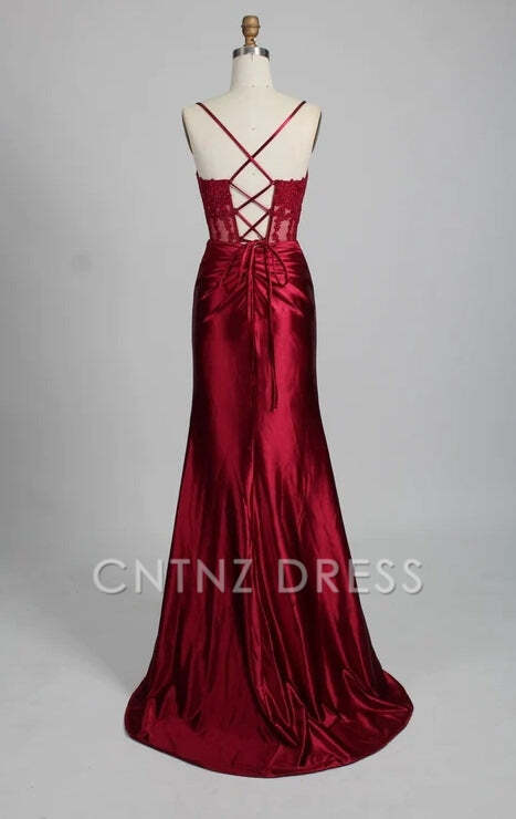 CNTNZ DRESS Mermaid Spaghetti Strap Appliques Satin Pleated With Slit Backless Elegant Hot Sale Prom Dress