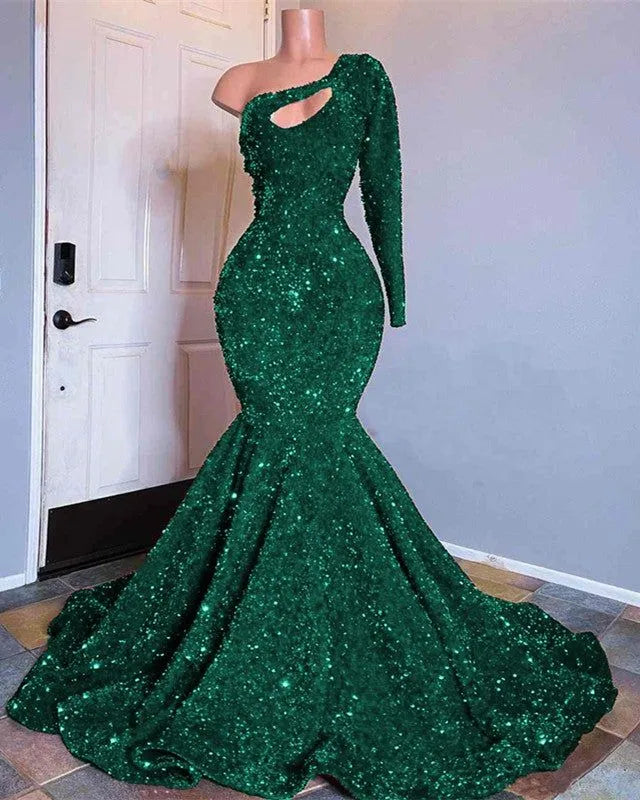 Stunning Mermaid CutOut Neck OneSleeve Plain Back Floor Length Formal Evening Dress