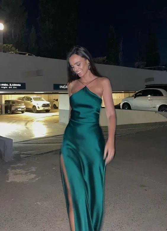 Stunning Mermaid Halter Thin Spaghetti Strap High-Slit Floor-Length Satin Formal Evening Dress