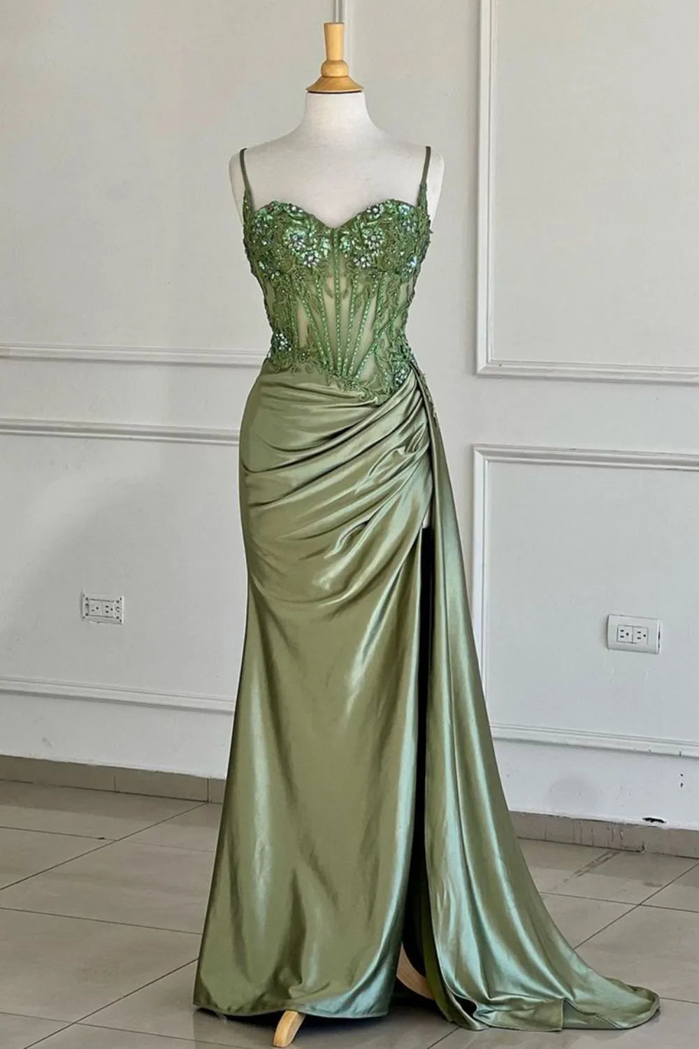 Wholesa Mermaid Spaghetti Straps Long Prom Dress with High Slit