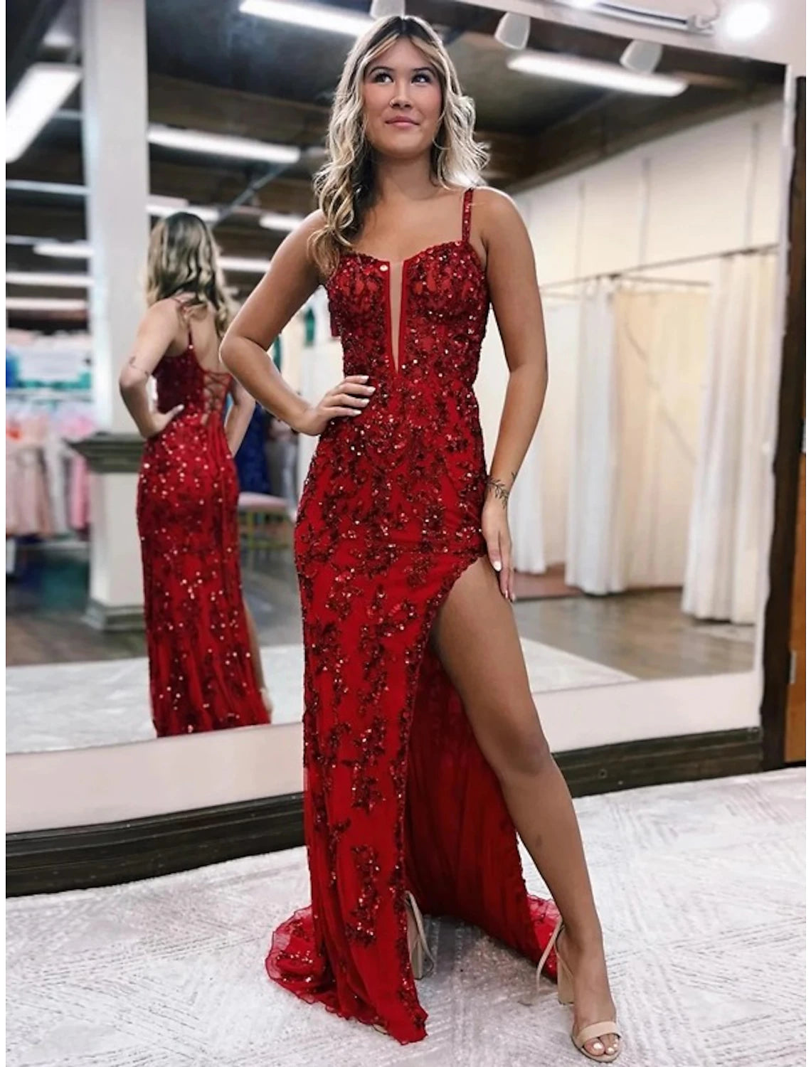 Stunning Mermaid V-Neck Open Back Prom Gown with Slit Appliques.