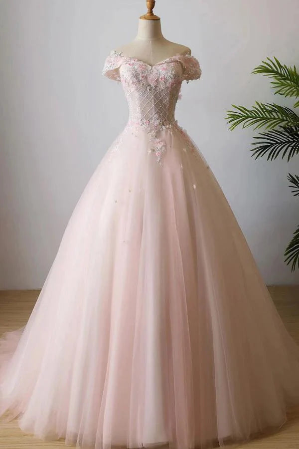 Wholesa Ball Gown Quinceanera Dresses Tulle 3D Flowers Stunning Off the Shoulder