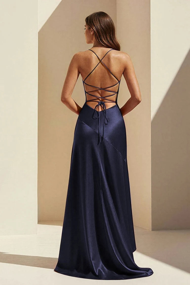 Stunning A-Line Cowl Neck Sleeveless Ruffled Navy Blue High-Low Prom Dress