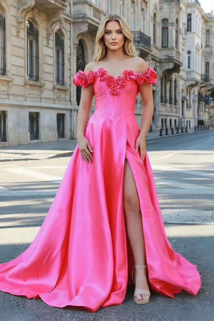 Stunning A-Line Off-Shoulder Floral Slit Hot Pink Floor-Length Prom Dress Gown