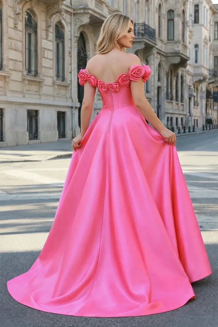 Stunning A-Line Off-Shoulder Floral Slit Hot Pink Floor-Length Prom Dress Gown