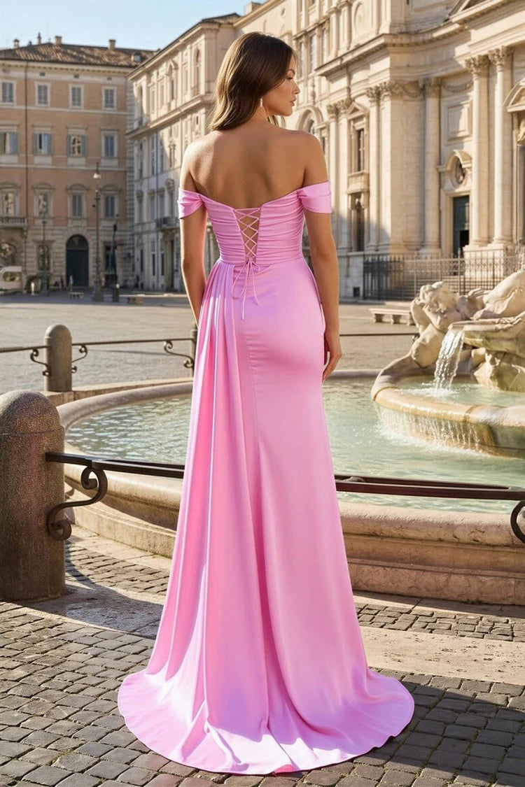 Stunning A-Line Off-Shoulder Ruched High Slit Pink Floor-Length Prom Gown
