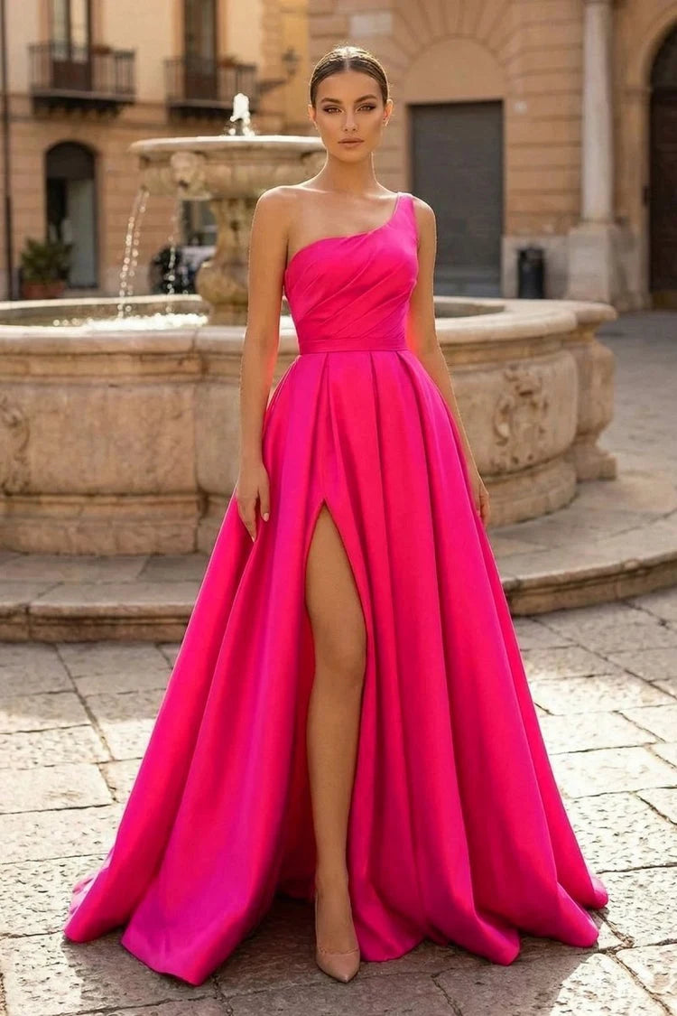 Stunning A-Line One-Shoulder High Slit Fuchsia Floor-Length Prom Dress Gown