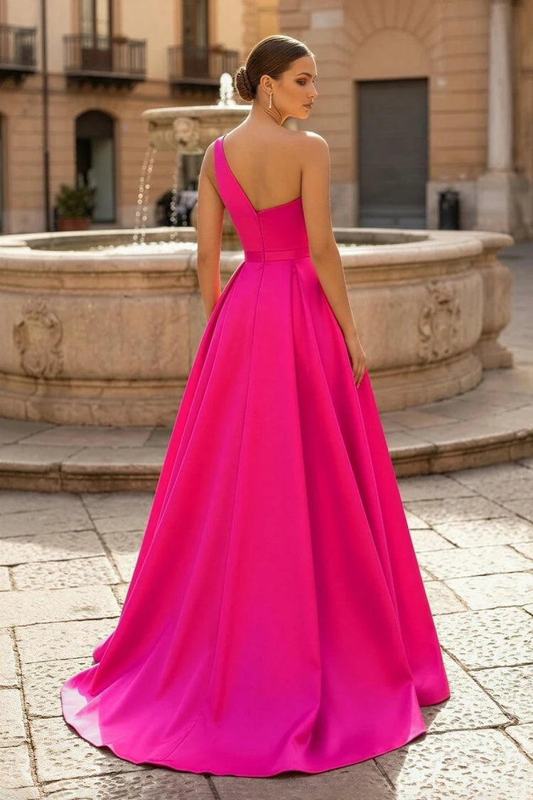 Stunning A-Line One-Shoulder High Slit Fuchsia Floor-Length Prom Dress Gown
