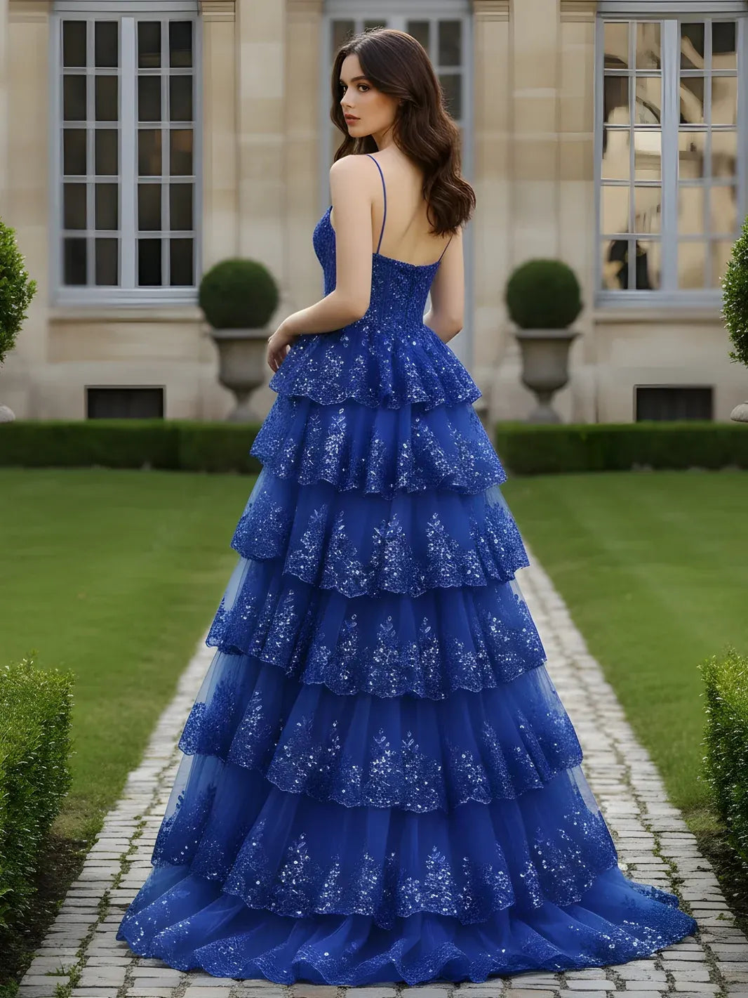 Stunning A-Line Spaghetti Strap Sleeveless Tiered Sequin Royal Blue Floor-Length Prom Gown