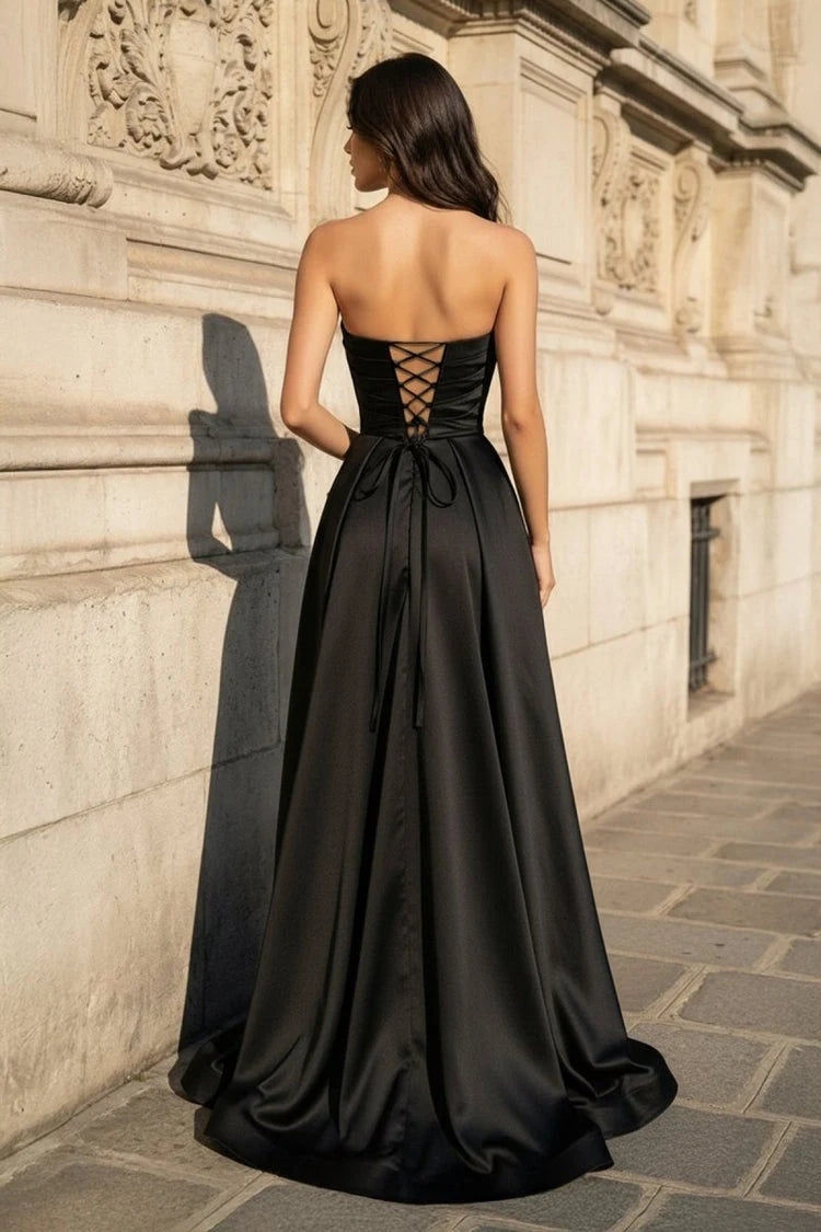 Stunning A-Line Strapless Draped Slit Black Floor-Length Prom Gown