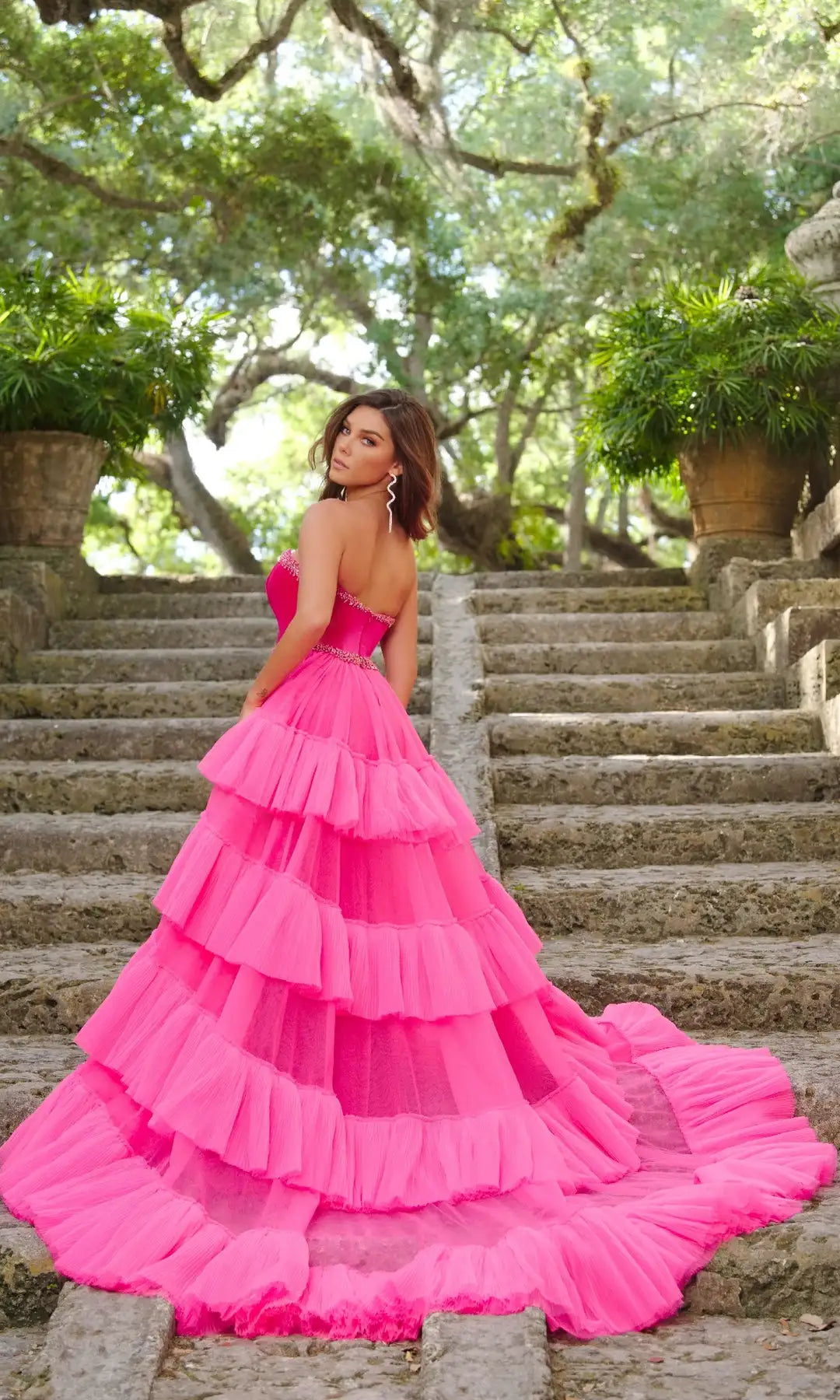 Stunning A-Line Strapless Sleeveless Beaded Tiered Pink Long Prom Dresses Gown