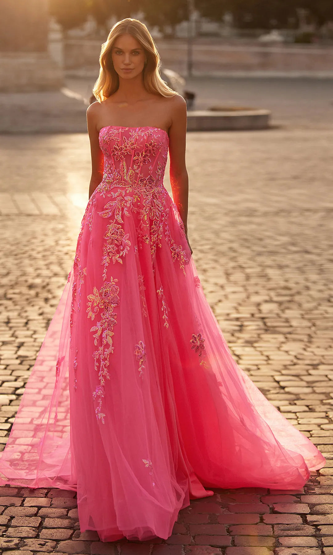 Stunning A-Line Strapless Sleeveless Corset Slit Pink Long Prom Dresses Women