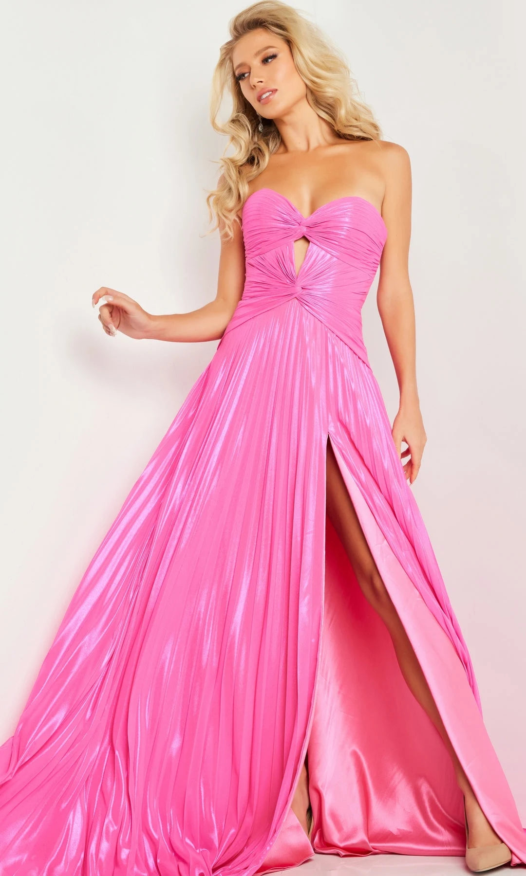 Stunning A-Line Strapless Sleeveless Pleated Slit Pink Long Prom Dresses Gown