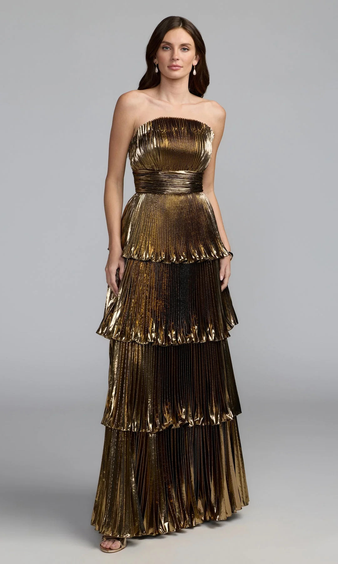 Stunning A-Line Strapless Sleeveless Pleated Tiered Gold Long Prom Dresses Gown